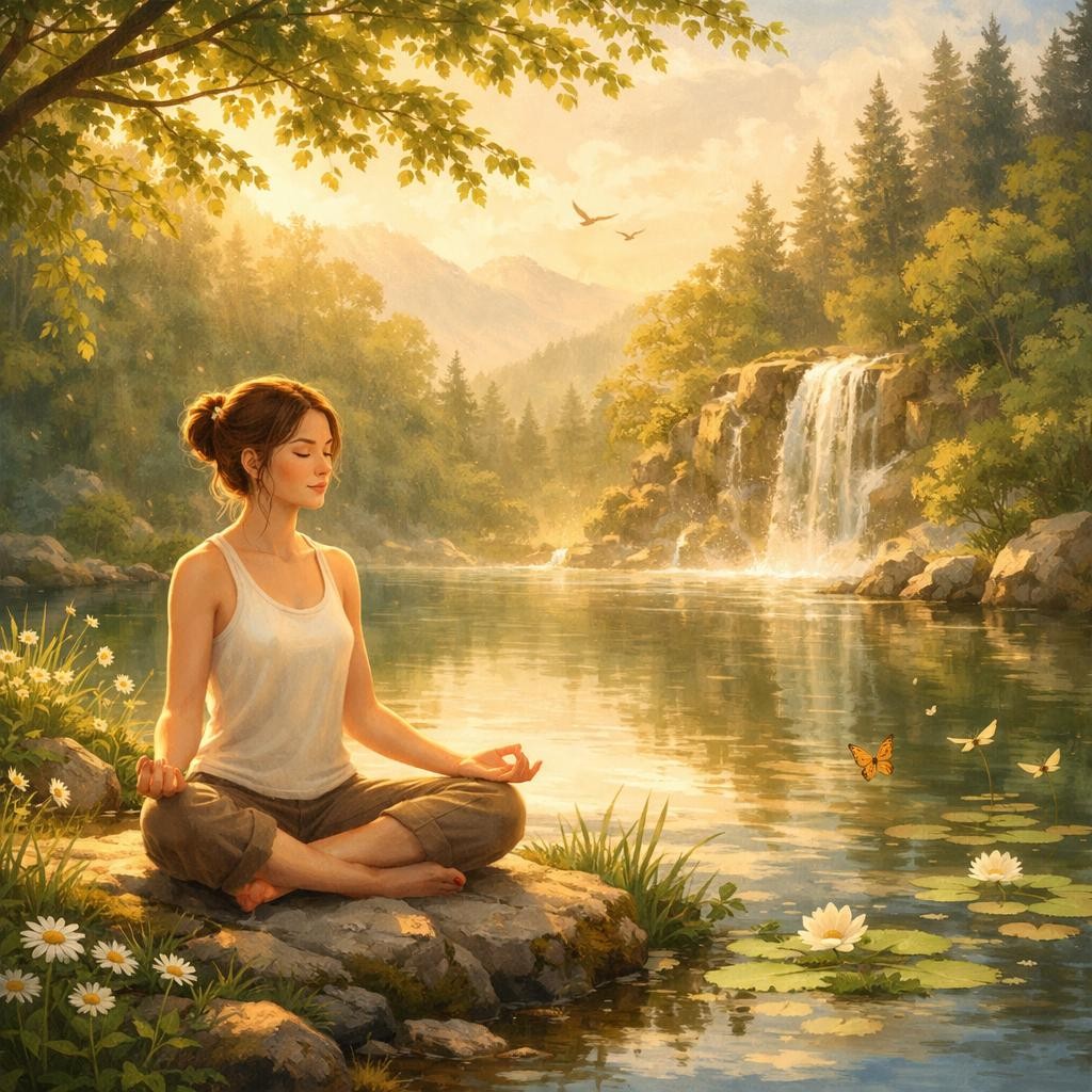 Woman meditating cross-legged on rock near lake with waterfall and butterflies