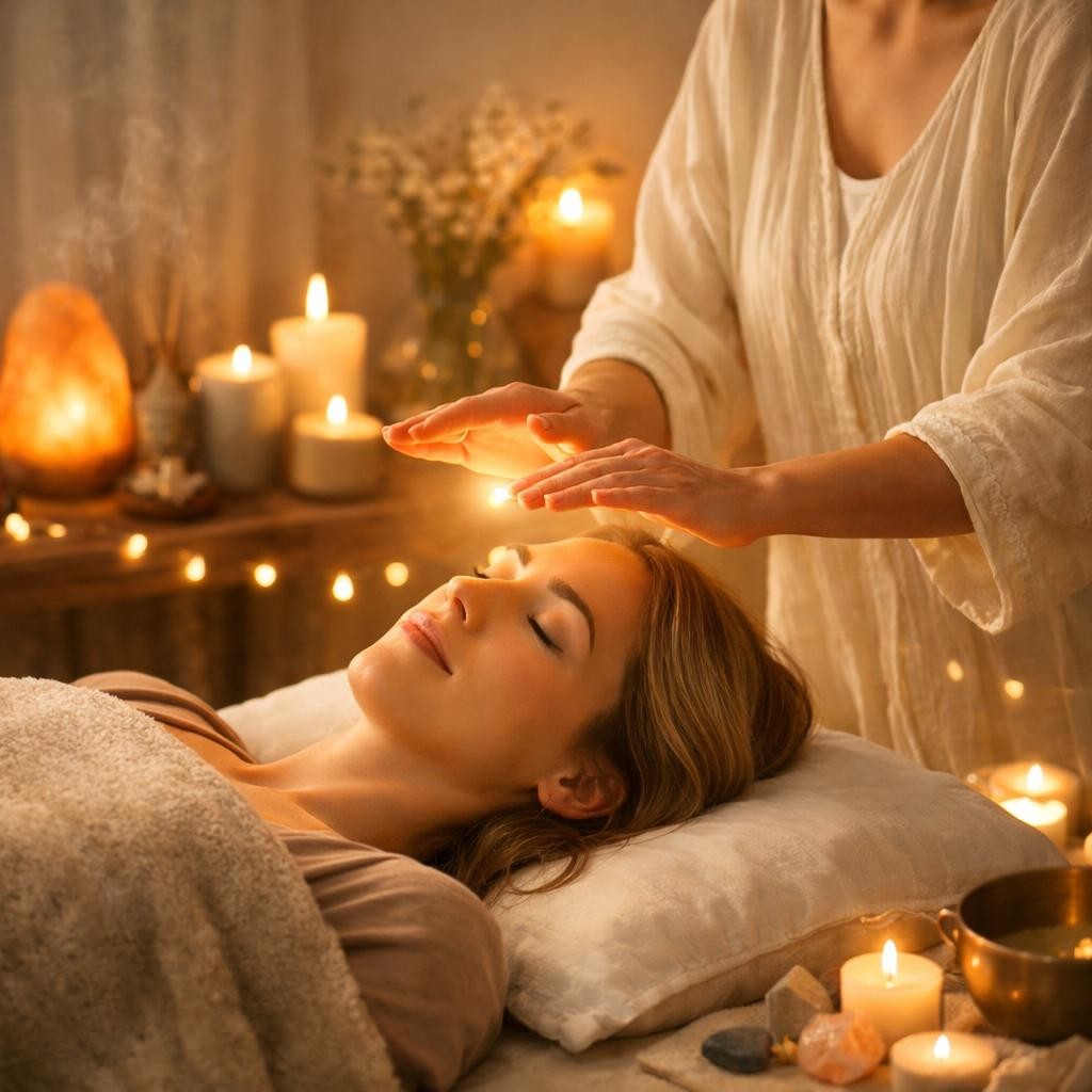 A woman lying on a pillow with eyes closed receiving Reiki energy healing with hands hovering above her head